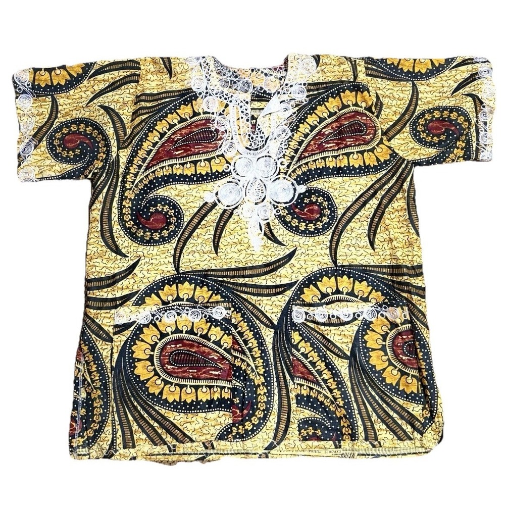 African Yellow/Multi Paisley Dashiki Rasta Tunic Top Vintage Krina Exports India